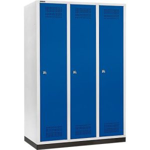 Schäfer Shop Genius Kleiderspind mit Sockel, 3 Abteile, 400 mm Abteilbreite, Zylinderschloss, lichtgrau/enzianblau Schäfer Shop Genius Kleiderspind mit Sockel, 3 Abteile, 400 mm Abteilbreite, Zylinderschloss, lichtgrau/enzianblau