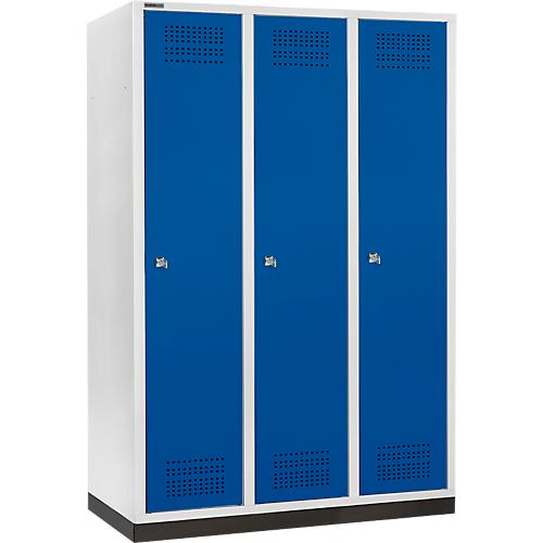 Schäfer Shop Genius Kleiderspind mit Sockel, 3 Abteile, 400 mm Abteilbreite, Zylinderschloss, lichtgrau/enzianblau
