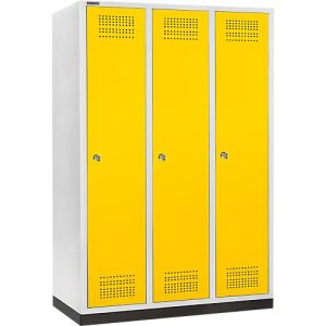Schäfer Shop Genius Kleiderspind mit Sockel, 3 Abteile, 400 mm Abteilbreite, Zylinderschloss, lichtgrau/rapsgelb Schäfer Shop Genius Kleiderspind mit Sockel, 3 Abteile, 400 mm Abteilbreite, Zylinderschloss, lichtgrau/rapsgelb