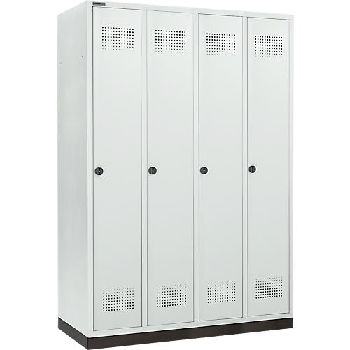 Schäfer Shop Genius Kleiderspind mit Sockel, 4 Abteile, 300 mm Abteilbreite, Drehriegelverschluss, lichtgrau