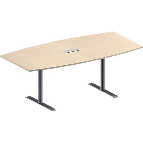 Schäfer Shop Genius Konferenztisch MODENA FLEX, mit Tischanschlussfeld, Boot, T-Fuß Rundrohr, B 2000 x H 650-850 mm, Ahorn/weißaluminium RAL 9006
