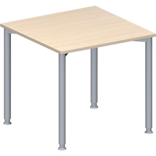 Schäfer Shop Genius Konferenztisch MODENA FLEX, Quadrat, 4-Fuß Rundrohr, B 800 x T 800 x H 720-840 mm, Ahorn/weißaluminium RAL 9006