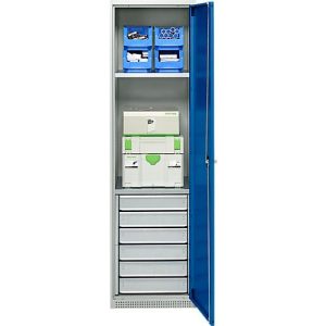 Schäfer Shop Genius Materialschrank FS, 5 OH, abschließbar, 2 Fachböden/6 Schübe, bis 250 kg, B 545 x T 520 x H 1950 mm, Stahl, lichtgrau/enzianblau