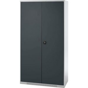 Schäfer Shop Genius Materialschrank FS, 5 OH, abschließbar, 4 Fachböden/12 Schübe, bis 450 kg, B 1055 x T 520 x H 1950 mm, Stahl, weißalu/anthrazitgrau