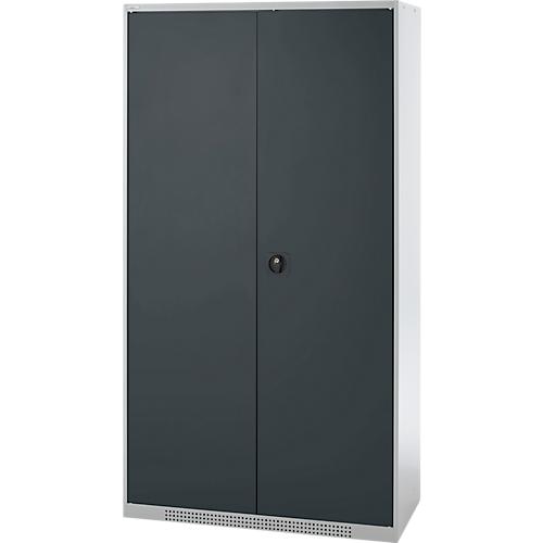 Schäfer Shop Genius Materialschrank FS, 5 OH, abschließbar, 4 Fachböden/12 Schübe, bis 450 kg, B 1055 x T 520 x H 1950 mm, Stahl, weißalu/anthrazitgrau