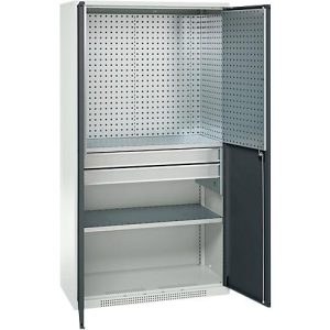 Schäfer Shop Genius Materialschrank FS, 5 OH, abschließbar, Lochrasterwände/2 Schübe/2 Fachböden, bis 450 kg, B 1055 x T 520 x H 1950 mm, lichtgrau/anthrazitgrau