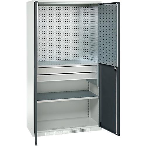 Schäfer Shop Genius Materialschrank FS, 5 OH, abschließbar, Lochrasterwände/2 Schübe/2 Fachböden, bis 450 kg, B 1055 x T 520 x H 1950 mm, lichtgrau/anthrazitgrau