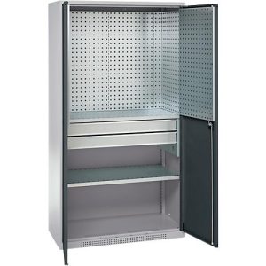 Schäfer Shop Genius Materialschrank FS, 5 OH, abschließbar, Lochrasterwände/2 Schübe/2 Fachböden, bis 450 kg, B 1055 x T 520 x H 1950 mm, weißalu/anthrazitgrau Schäfer Shop Genius Materialschrank FS, 5 OH, abschließbar, Lochrasterwände/2 Schübe/2 Fachböden, bis 450 kg, B 1055 x T 520 x H 1950 mm, weißalu/anthrazitgrau