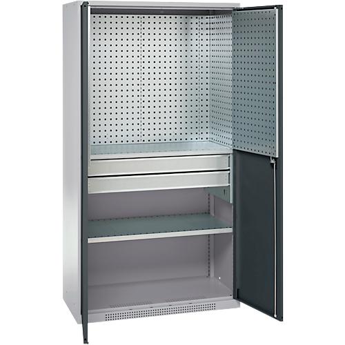 Schäfer Shop Genius Materialschrank FS, 5 OH, abschließbar, Lochrasterwände/2 Schübe/2 Fachböden, bis 450 kg, B 1055 x T 520 x H 1950 mm, weißalu/anthrazitgrau