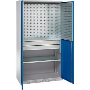 Schäfer Shop Genius Materialschrank FS, 5 OH, abschließbar, Lochrasterwände/2 Schübe/2 Fachböden, bis 450 kg, B 1055 x T 520 x H 1950 mm, weißalu/enzianblau Schäfer Shop Genius Materialschrank FS, 5 OH, abschließbar, Lochrasterwände/2 Schübe/2 Fachböden, bis 450 kg, B 1055 x T 520 x H 1950 mm, weißalu/enzianblau