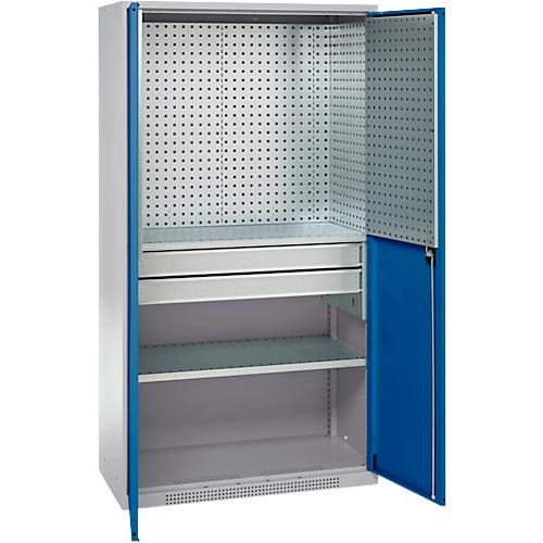 Schäfer Shop Genius Materialschrank FS, 5 OH, abschließbar, Lochrasterwände/2 Schübe/2 Fachböden, bis 450 kg, B 1055 x T 520 x H 1950 mm, weißalu/enzianblau