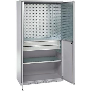 Schäfer Shop Genius Materialschrank FS, 5 OH, abschließbar, Lochrasterwände/2 Schübe/2 Fachböden, bis 450 kg, B 1055 x T 520 x H 1950 mm, weißalu/weißalu Schäfer Shop Genius Materialschrank FS, 5 OH, abschließbar, Lochrasterwände/2 Schübe/2 Fachböden, bis 450 kg, B 1055 x T 520 x H 1950 mm, weißalu/weißalu