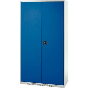 Schäfer Shop Genius Reinigungsmittelschrank FS, 5 OH, abschließbar, Mittelwand, 4 Fachböden, bis 450 kg, B 1055 x T 520 x H 1950 mm, lichtgrau/enzianblau