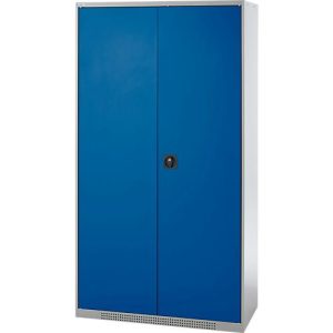Schäfer Shop Genius Reinigungsmittelschrank FS, 5 OH, abschließbar, Mittelwand, 4 Fachböden, bis 450 kg, B 1055 x T 520 x H 1950 mm, weißalu/enzianblau