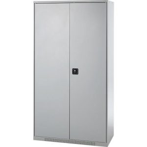 Schäfer Shop Genius Reinigungsmittelschrank FS, 5 OH, abschließbar, Mittelwand, 4 Fachböden, bis 450 kg, B 1055 x T 520 x H 1950 mm, weißalu/weißalu