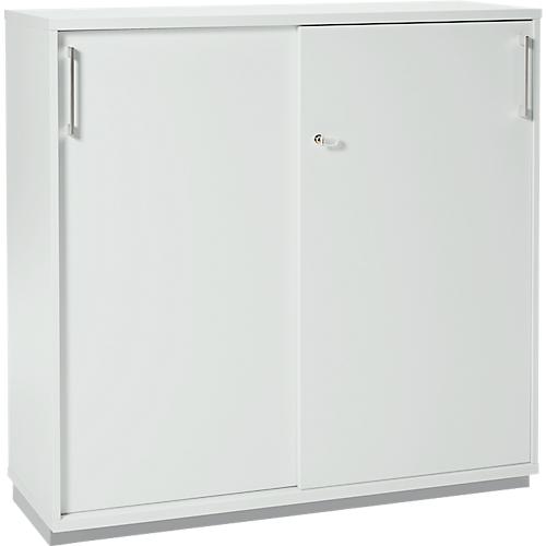 Schäfer Shop Genius Schiebtürenschrank TETRIS WOOD, 3 OH, 2 Fachböden, abschließbar, Fußgleiter & Stahlsockel, B 1000 x T 421 x H 1160 mm, lichtgrau