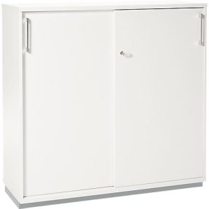 Schäfer Shop Genius Schiebtürenschrank TETRIS WOOD, 3 OH, 2 Fachböden, abschließbar, Fußgleiter & Stahlsockel, B 1000 x T 421 x H 1160 mm, weiß