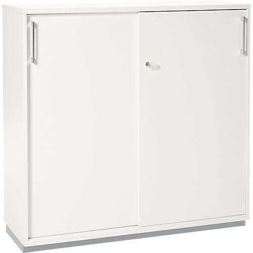 Schäfer Shop Genius Schiebtürenschrank TETRIS WOOD, 3 OH, 2 Fachböden, abschließbar, Fußgleiter & Stahlsockel, B 1000 x T 421 x H 1160 mm, weiß