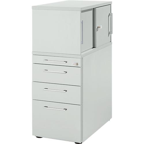 Schäfer Shop Genius Standcontainer mit Aufsatzschrank inkl. Schiebetür, komplett abschließbar, eckiger Griff, lichtgrau
