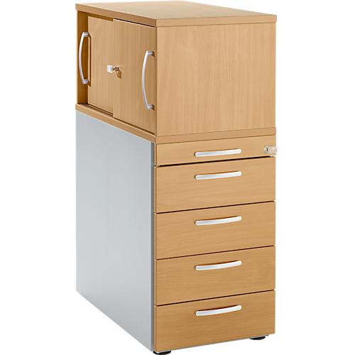 Schäfer Shop Genius Standcontainer mit Aufsatzschrank inkl. Schiebetür, komplett abschließbar, runder Griff, Buche