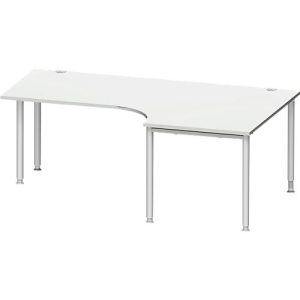 Schäfer Shop Genius Winkelschreibtisch MODENA FLEX 90°, Ansatz rechts, einseitig, verkürzte Seitenteile, 4-Fuß-Rundrohr, lichtgrau/weißaluminium