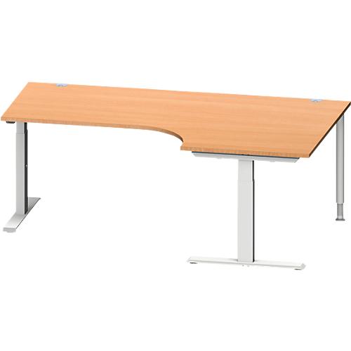 Schäfer Shop Genius Winkelschreibtisch MODENA FLEX, 90° Winkel rechts, T-Fuß Rechteckrohr, B 2000 x T 1200/800 x H 650-850 mm, Buche/weißalu