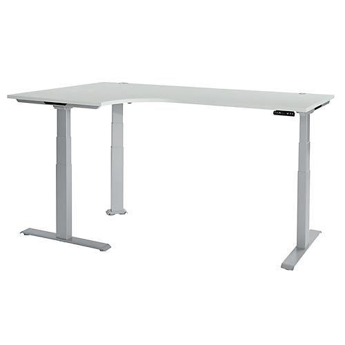 Schäfer Shop Genius Winkelschreibtisch Modena Flex, elektrisch höhenverstellbar, 90° Winkel, T-Fuß, B 2000 mm, lichtgrau/weißalu