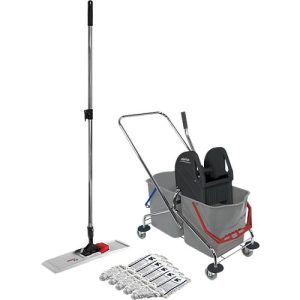 Schäfer Shop Pure Reinigungswagen Set, Doppelfahreimer 2x 27 Liter, mit Presse, Kunststoff-Klapphalter & 5x Baumwollmopp