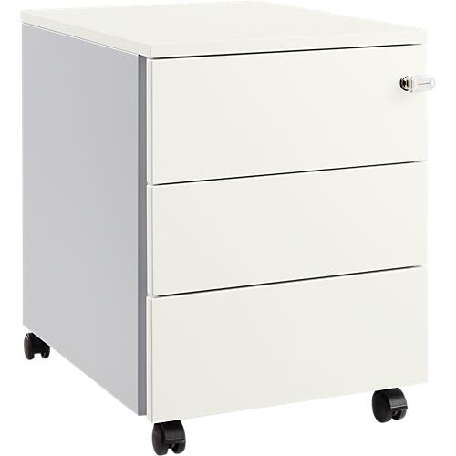 Schäfer Shop Pure Rollcontainer 333, Stahlkorpus, Holzfront, Rollen, abschließbar, B 435 x T 565 x H 567 mm, 3 Schübe, weißaluminium/weißaluminium