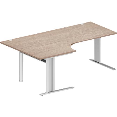 Schäfer Shop Pure Winkelschreibtisch PLANOVA BASIC, 90° Winkel links, C-Fuß, B 2000 x T 1200/800 x H 717 mm, Eiche/weiß + Kabelkanal
