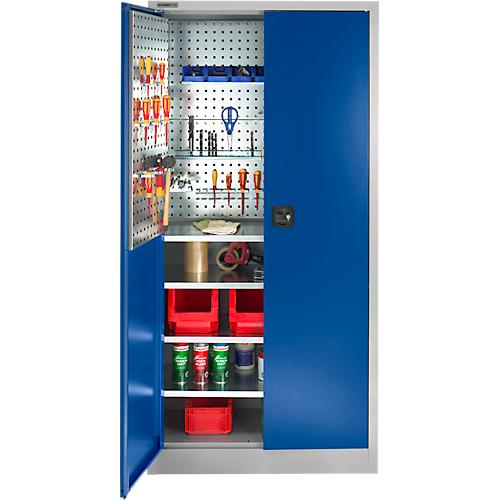 Schäfer Shop Select Materialschrank MSI 2409, mit Lochrasterwänden auf halber Höhe, bis 50 kg/Fachboden, B 950 x T 400 x H 1935 mm, weißaluminium/enzianblau