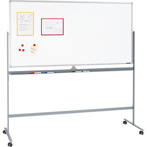 Schäfer Shop Select Mobiles Whiteboard, um 360° drehbare Tafel, weiß lackiert, Ablageschale, 4 Lenkrollen, B 1800 x H 1200 mm