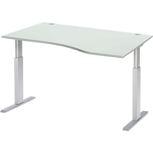Schäfer Shop Select Schreibtisch ERGO-T, elektrisch höhenverstellbar, Freiform, Ansatz rechts, T-Fuß, B 1800 x H 725-1185 mm, lichtgrau/weißalu