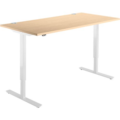 Schäfer Shop Select Schreibtisch Start Off, elektrisch höhenverstellbar, Rechteck, T-Fuß, B 1600 x T 800 x H 755-1255 mm, Ahorn/weiß