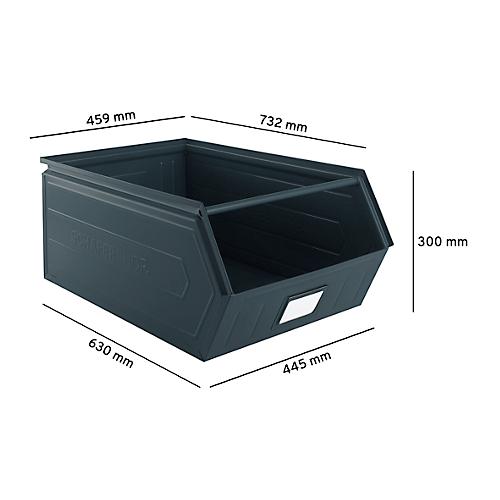 Schäfer Shop Select Sichtlagerkasten, mit Tragestab, L 732 x B 459 x H 300 mm, 84 l, 180 kg, Stahl, RAL 5008 (graublau)