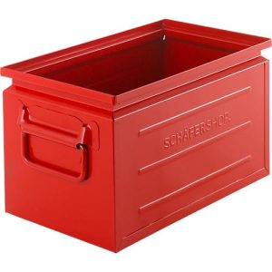 Schäfer Shop Select Stapelbox, Volumen 13,4 l, 80 kg, Faltgriffe, L 379 x B 207 x H 200 mm, Stahlblech, rot RAL 3000 Schäfer Shop Select Stapelbox, Volumen 13,4 l, 80 kg, Faltgriffe, L 379 x B 207 x H 200 mm, Stahlblech, rot RAL 3000