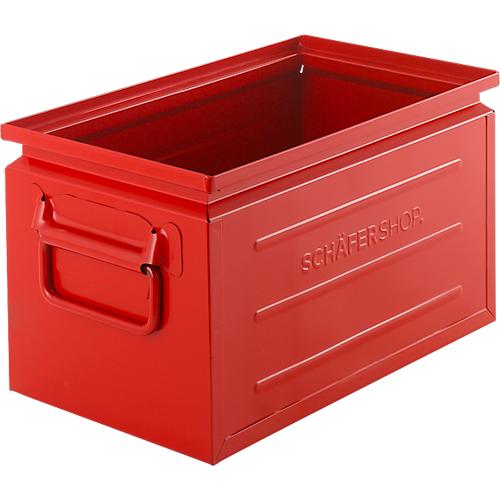 Schäfer Shop Select Stapelbox, Volumen 13,4 l, 80 kg, Faltgriffe, L 379 x B 207 x H 200 mm, Stahlblech, rot RAL 3000