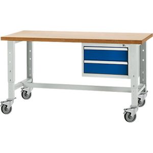 Schäfer Shop Select Werkbank, mobil, höhenverstellbar, Unterbau, 2 Schübe & Zentralverschluss, bis 200 kg, B 1500 mm, l.grau RAL 7035/enz.blau RAL 5010 Schäfer Shop Select Werkbank, mobil, höhenverstellbar, Unterbau, 2 Schübe & Zentralverschluss, bis 200 kg, B 1500 mm, l.grau RAL 7035/enz.blau RAL 5010