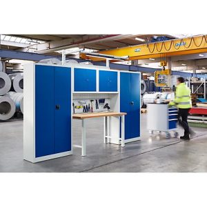 Schäfer Shop Select Werkstatt Schranksystem, B 3100 x T 700 x H 2345 mm, Multiplexplatte, lichtgrau RAL 7035/enzianblau RAL 5010 Schäfer Shop Select Werkstatt Schranksystem, B 3100 x T 700 x H 2345 mm, Multiplexplatte, lichtgrau RAL 7035/enzianblau RAL 5010
