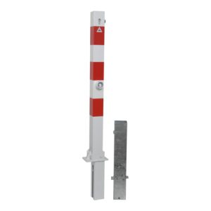 Schake Absperrpfosten Typ 4701FUZHB, 70x70mm, umlegbar, herausnehmbar + Dreikantverschluß, Profilzylinder, weiß / rot Schake Absperrpfosten Typ 4701FUZHB, 70x70mm, umlegbar, herausnehmbar + Dreikantverschluß, Profilzylinder, weiß / rot