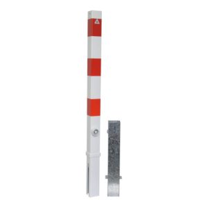 Schake Absperrpfosten Typ 470FB/1, 70x70mm, herausnehmbar + Dreikantverschluß, weiß / rot + 1 Öse Schake Absperrpfosten Typ 470FB/1, 70x70mm, herausnehmbar + Dreikantverschluß, weiß / rot + 1 Öse