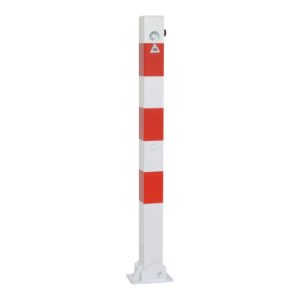 Schake Absperrpfosten Typ 470UDB, umlegbar + obenliegenden Dreikantverschluß, 70x70mm, weiß / rot Schake Absperrpfosten Typ 470UDB, umlegbar + obenliegenden Dreikantverschluß, 70x70mm, weiß / rot