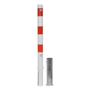 Schake Absperrpfosten Typ 476FB, herausnehmbar, Ø 76mm + Dreikantverschluß, weiß / rot + Bodenhülse Schake Absperrpfosten Typ 476FB, herausnehmbar, Ø 76mm + Dreikantverschluß, weiß / rot + Bodenhülse