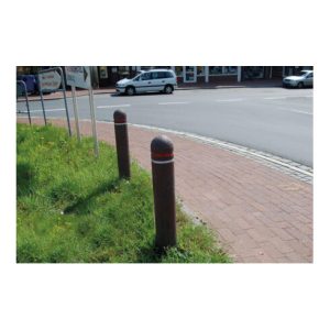 Schake Recyclingpfosten Halbkugelkopf Ø150mm, Gesamtlänge: 1500mm + zwei runden weißen Reflektoren, gegenüber einen rechteckigen Reflektor, Farbe: braun Schake Recyclingpfosten Halbkugelkopf Ø150mm, Gesamtlänge: 1500mm + zwei runden weißen Reflektoren, gegenüber einen rechteckigen Reflektor, Farbe: braun