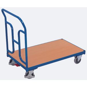 Schiebebügelwagen, Stahl/MDF-Platte, Enzianblau/Buche-Dekor, L 1030 x B 600 mm, mit gebogenen Rohren, TPE-Rollen mit EasySTOP, bis 250 kg
