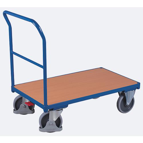 Schiebebügelwagen, Stahl/MDF-Platte, Enzianblau/Buche-Dekor, L 1030 x B 700 mm, mit Querstrebe, TPE-Rollen mit EasySTOP, bis 500 kg