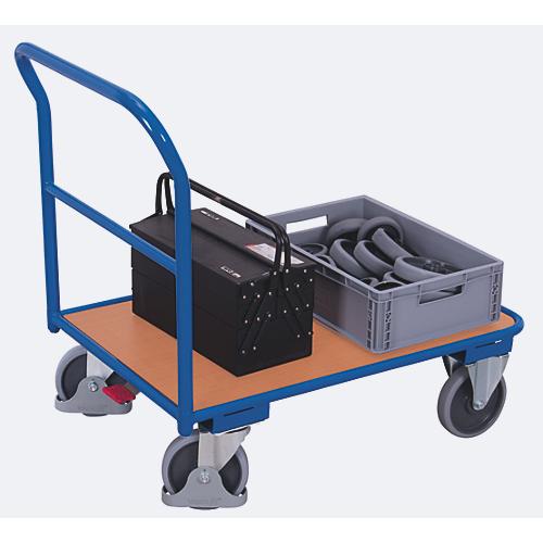Schiebebügelwagen, Stahl/MDF-Platte, Enzianblau/Buche-Dekor, L 850 x B 500 mm, mit Querstrebe, TPE-Rollen mit EasySTOP, bis 400 kg
