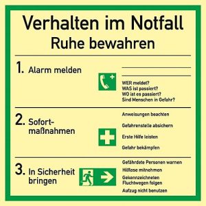 Schild mit Notfallverhaltensregeln Schild mit Notfallverhaltensregeln