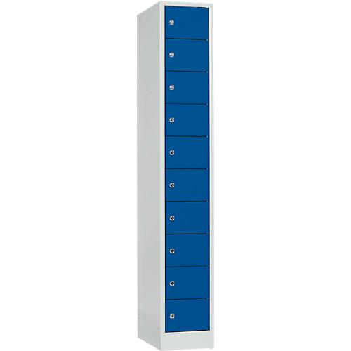 Schließfachschrank, Stahlbl., Türanschl. rechts, Zylinderschloss, 10 Fächer, B 300 x H 1800 mm, l.grau RAL 7035/e.blau RAL 5010