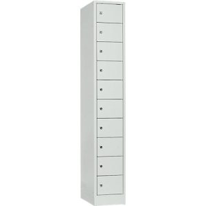 Schließfachschrank, Stahlbl., Türanschl. rechts, Zylinderschloss, 10 Fächer, B 300 x H 1800 mm, l.grau RAL 7035/l.grau RAL 7035